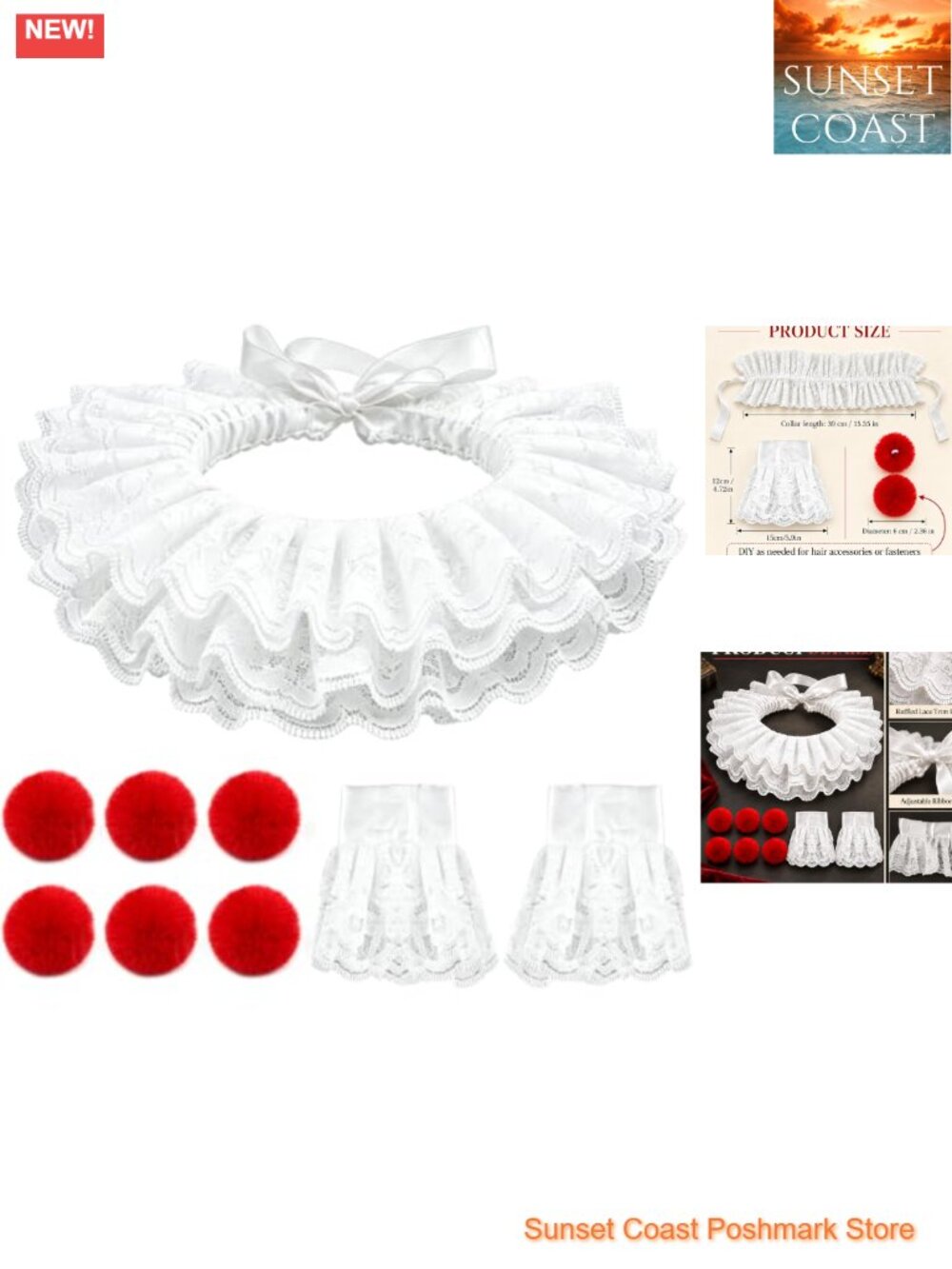 Lace Clown Collar Cuffs Set with Pompoms for Halloween Costume Cosplay